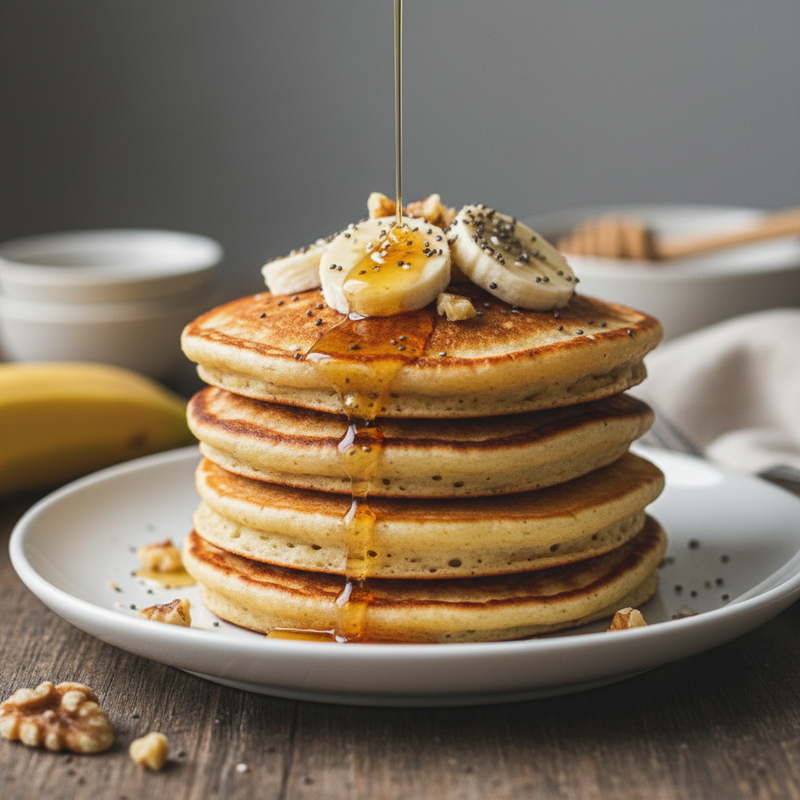 Uma panqueca proteica de banana dourada e fofa, com fatias de banana fresca e um fio de mel, ideal para sua performance.