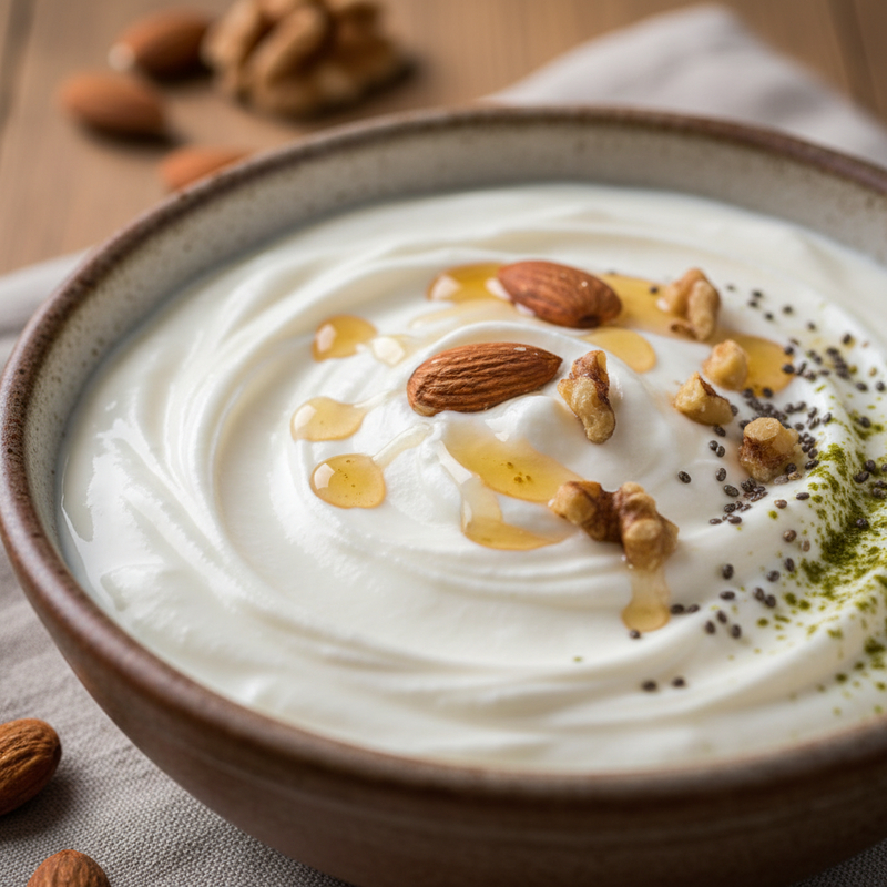 Pote de vidro com Iogurte Natural Caseiro Proteico, decorado com frutas frescas e granola, pronto para consumo.