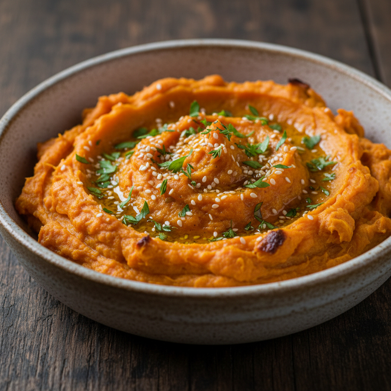 Uma tigela de batata doce amassada proteica cremosa, perfeita como pós-treino energético e nutritivo.