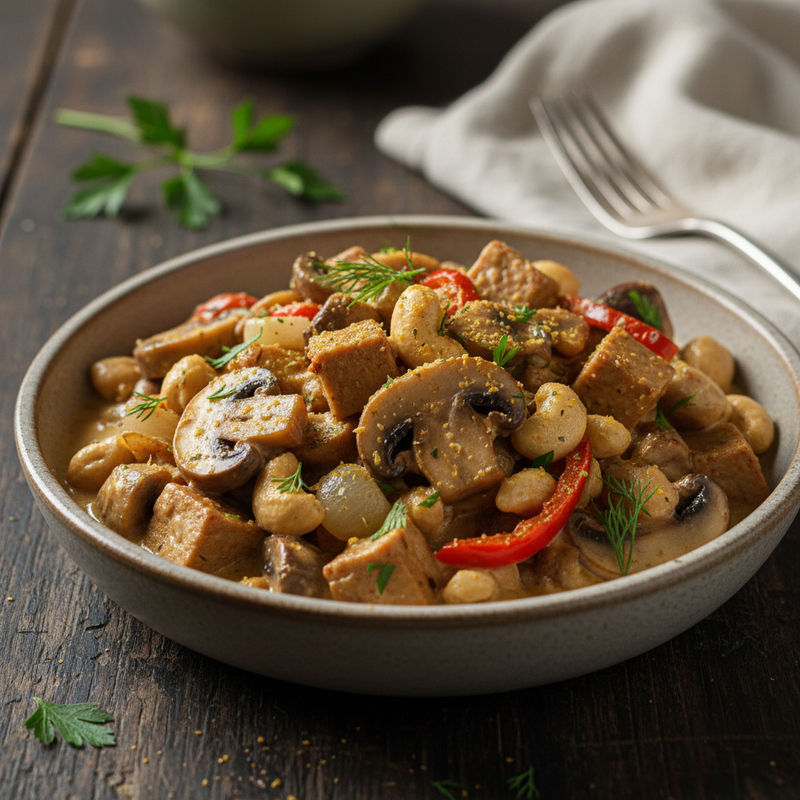 Prato de Strogonoff Vegano Proteico com cogumelos, molho cremoso e salsinha, acompanhado de arroz integral, destacando uma refeição saudável e energética.