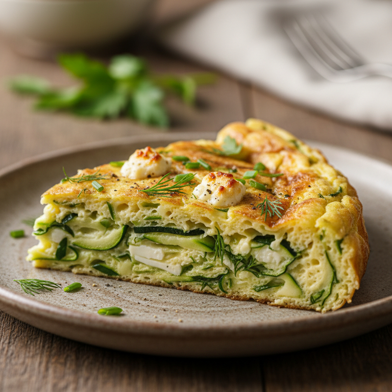 Fatias de Frittata Abobrinha Low FODMAP em um prato, com manjericão fresco por cima, pronta para ser servida. Perfeita para uma refeição leve e nutritiva.