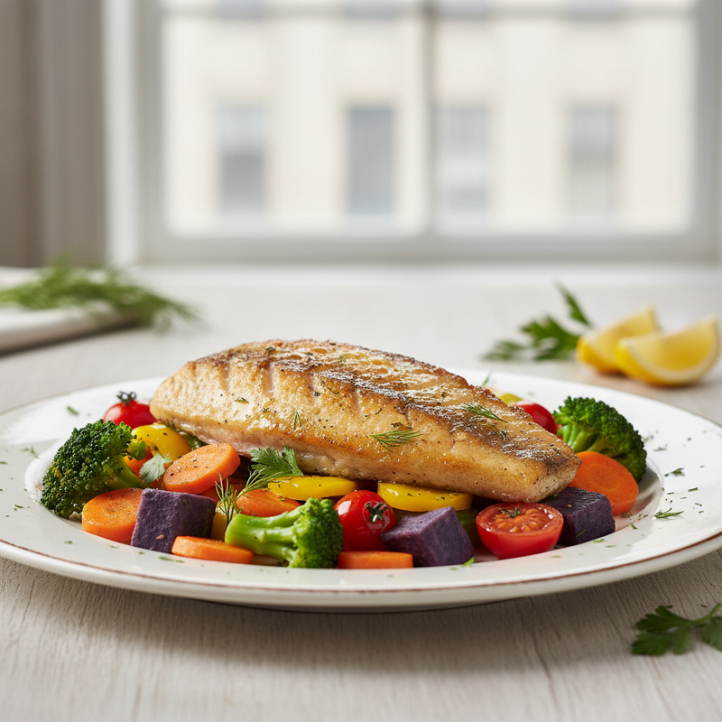 Filé de tilápia assada fit com brócolis e cenoura, pimentões e cebola na assadeira, pronto para servir. A foto destaca a refeição saudável, colorida e balanceada para atletas e entusiastas da boa forma.