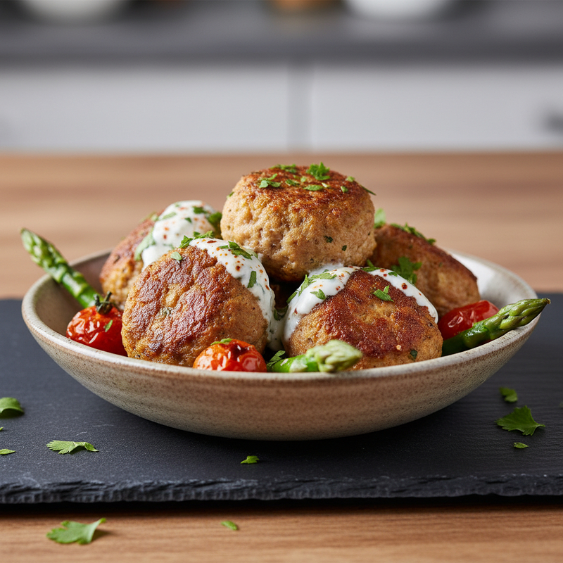 Almôndegas de Frango Fit caseiras e douradas servidas em um prato com molho de tomate, ideal para uma refeição pós-treino nutritiva.