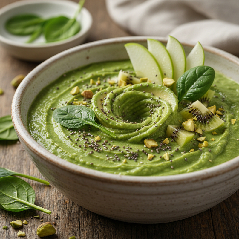 Um copo de Smoothie Verde Detox, com espinafre, abacaxi e gengibre, ao lado de ingredientes frescos.