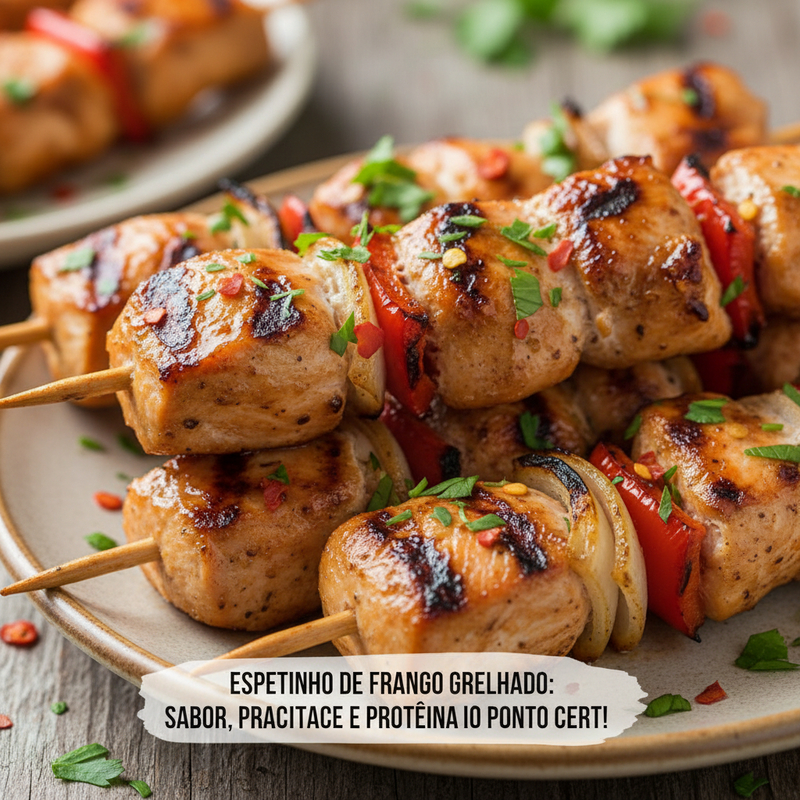 Espetinhos de frango grelhado com pimentões coloridos e cebola roxa em um prato, prontos para consumo, realçando o espetinho frango grelhado como opção saudável.
