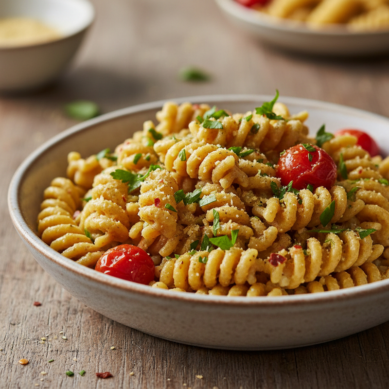 Prato de macarrão grão de bico proteico com molho de tomate, legumes coloridos e manjericão fresco, ideal para atletas.