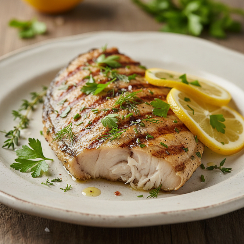 Um prato elegante com tilápia grelhada, fatias de limão e ervas frescas, realçando a Tilápia Grelhada Limão Ervas.