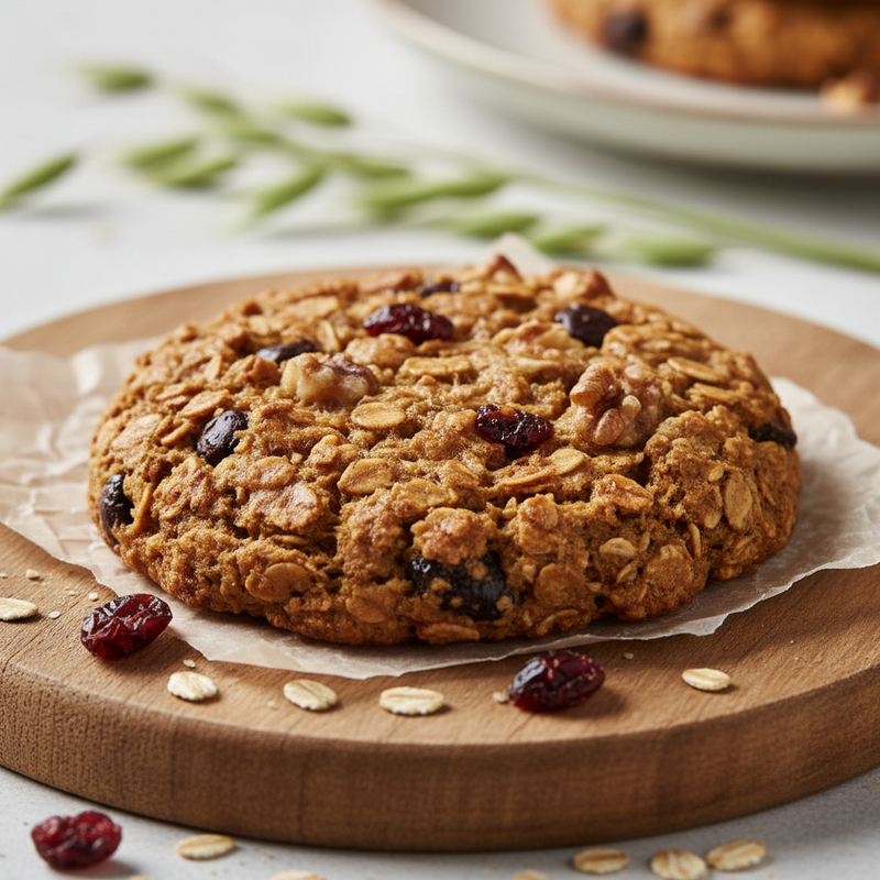 Um prato com cookies proteicos de aveia recém-assados, com pedaços de chocolate escuro e aveia. Ideal para um lanche saudável e que contém cookie proteico de aveia.