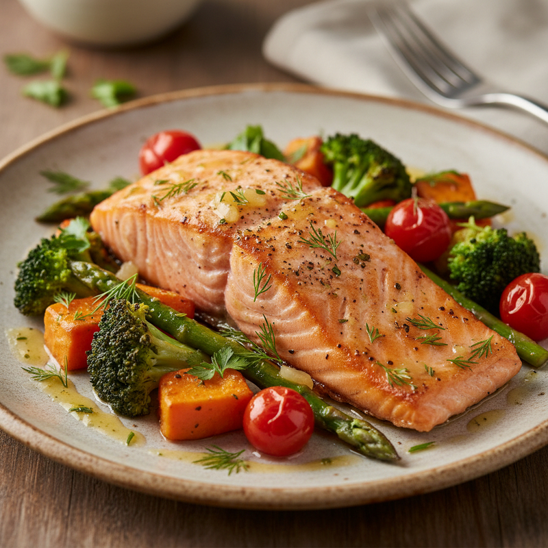 Prato de Salmão Assado com Legumes, mostrando o peixe, brócolis e cenoura. Ideal para uma refeição saudável e rica em ômega-3.