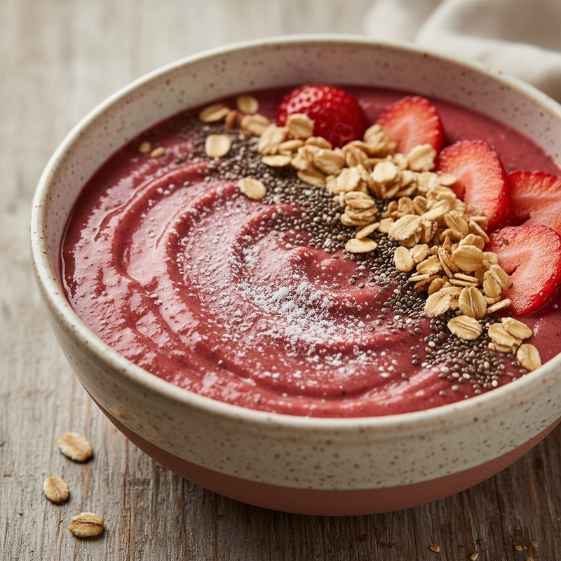 Um copo de smoothie de morango proteico em um balcão de cozinha, com morangos frescos espalhados ao redor. A bebida é rosa vibrante e cremosa, realçando a qualidade do smoothie de morango proteico.