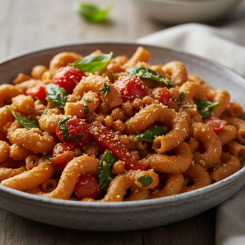 Prato colorido de macarrão de lentilha com molho de tomate e legumes, destacando a receita macarrão lentilha proteico