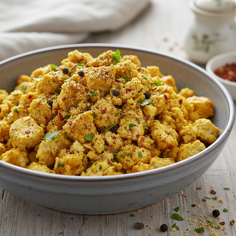 Prato de tofu mexido fit com especiarias e vegetais frescos, servido e pronto para consumo. Uma opção de refeição saudável e rica em proteínas.