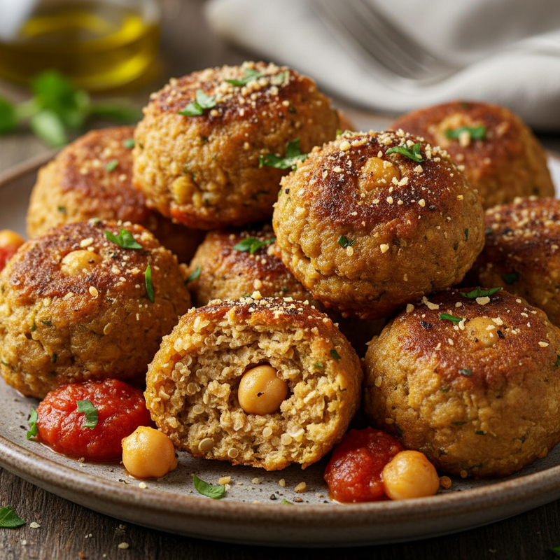 Almôndegas Grão de Bico Proteicas assadas, servidas com molho vermelho em um prato, decoradas com salsinha, destacando sua textura dourada e apetitosa.