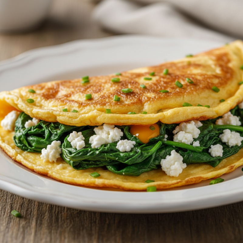 Omelete proteico espinafre com queijo cottage em um prato, decorado com ervas frescas.