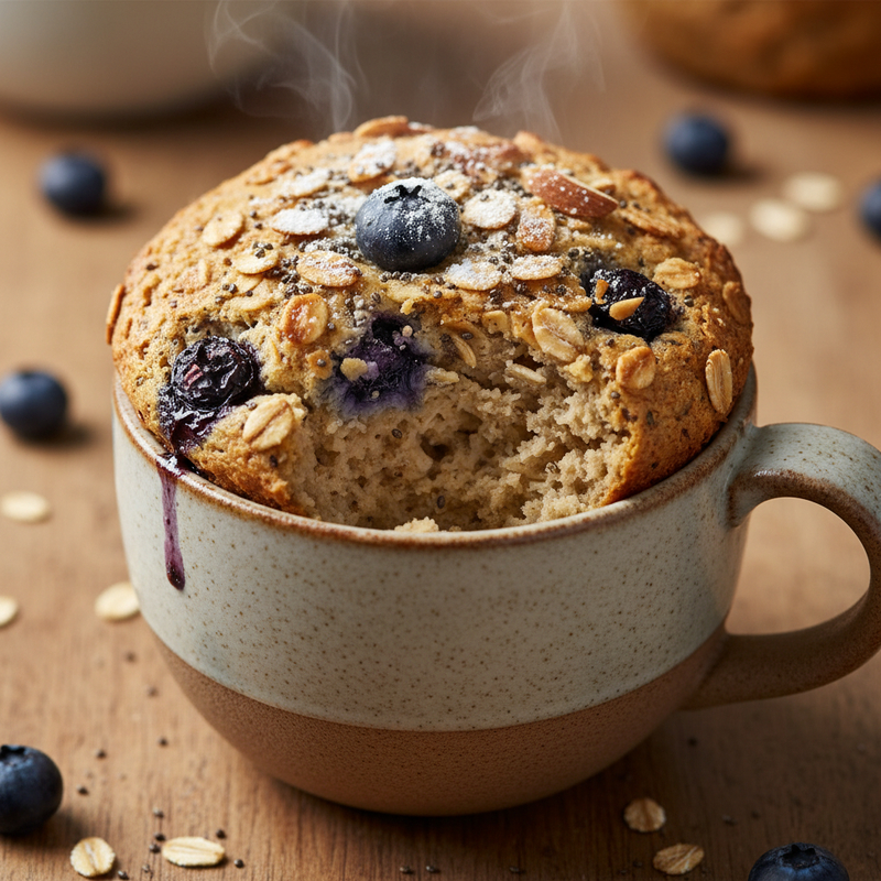 Um bolo de caneca de aveia proteico recém-preparado com frutas vermelhas por cima, pronto para ser consumido. Receita fácil e rápida.