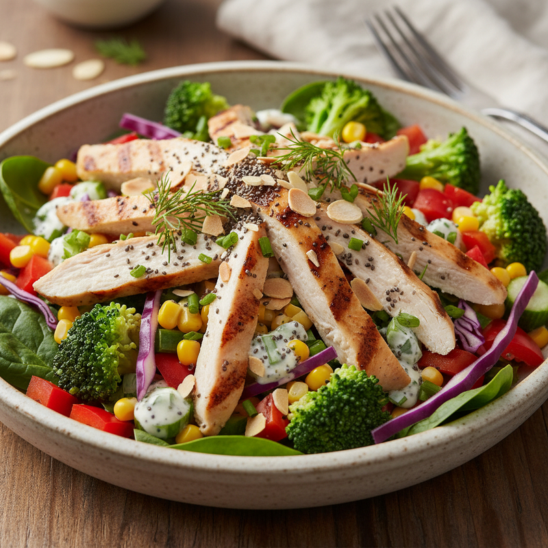 Uma refrescante salada de frango proteica com vegetais crocantes, perfeita para uma refeição saudável e leve.