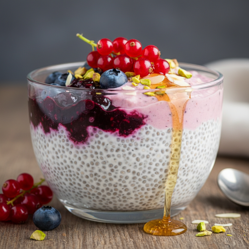 Copo de vidro com pudim de chia proteico, coberto com frutas frescas e amêndoas, destacando sua textura cremosa e colorida.