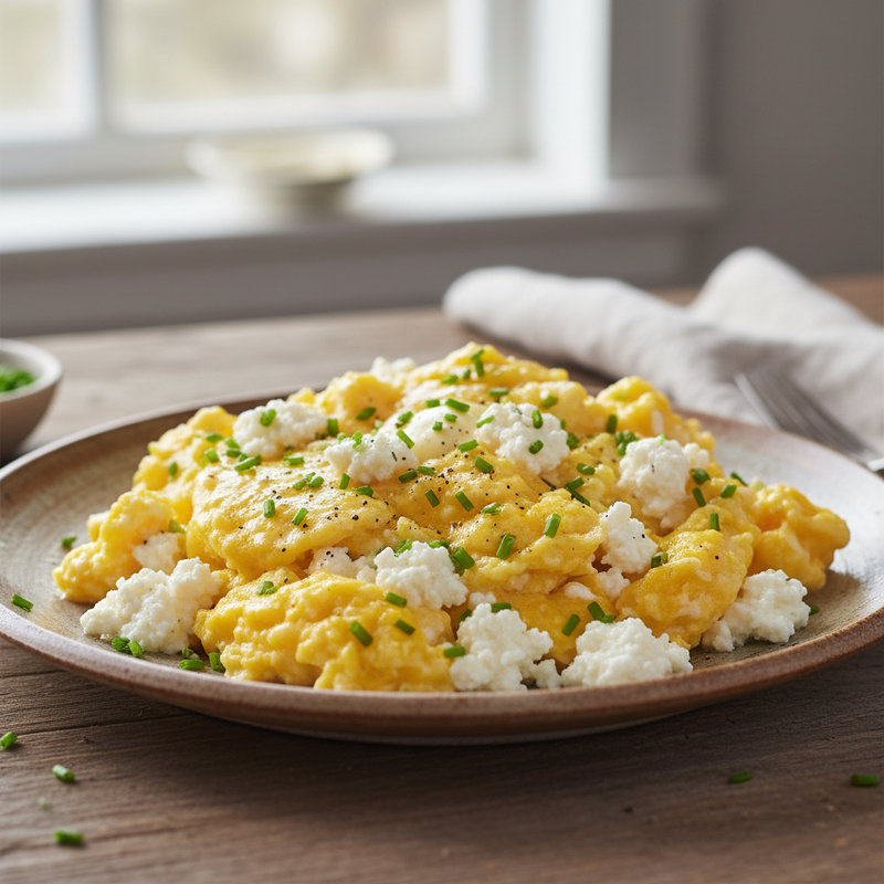 Ovos Mexidos Cottage cremosos com ervas frescas em um prato, prontos para o café da manhã proteico e nutritivo.