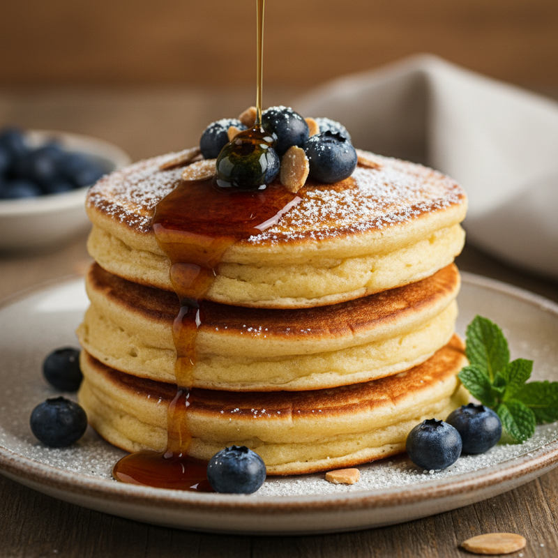 Pilha de panquecas douradas e fofas, sem ovos, com acompanhamentos frescos como frutas vermelhas e xarope, em um prato branco. A foto destaca a panqueca sem ovo proteica como uma opção saudável e deliciosa para o café da manhã ou lanche.