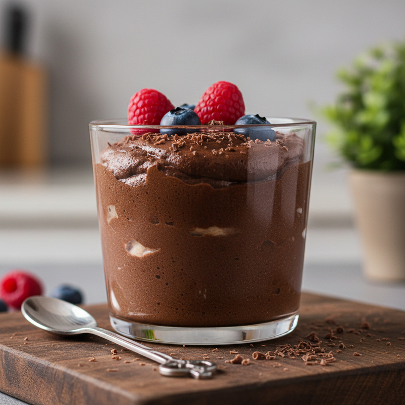 Foto de um delicioso mousse chocolate proteico vegano cremoso em taças individuais, pronto para consumo.