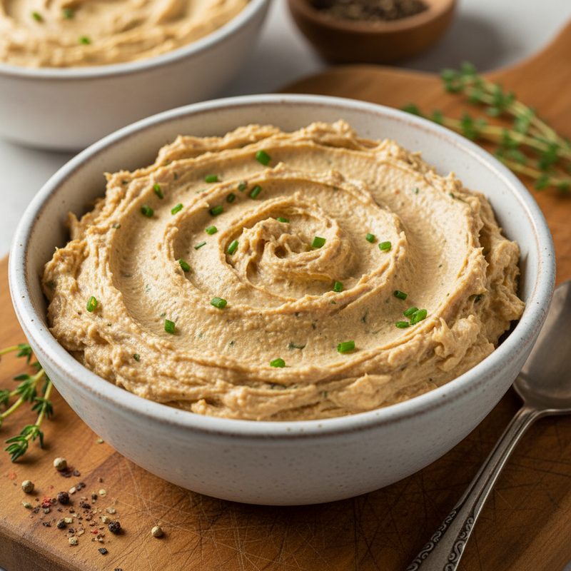 Patê de frango proteico cremoso em torrada integral com folhas verdes