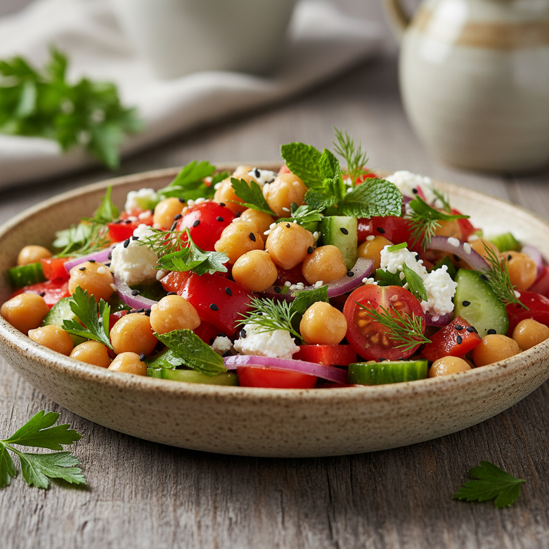 Tigela colorida de Salada de Grão de Bico Proteica com vegetais frescos e ervas.
