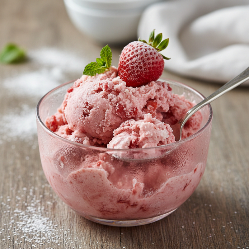 Tigela de sorbet proteico morango congelado, decorado com folhas de hortelã e morangos frescos, sobre uma mesa de madeira clara.