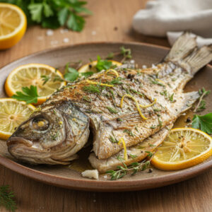 Uma tilápia assada proteica dourada, servida com legumes frescos e ervas, em um prato branco sobre uma mesa de madeira.