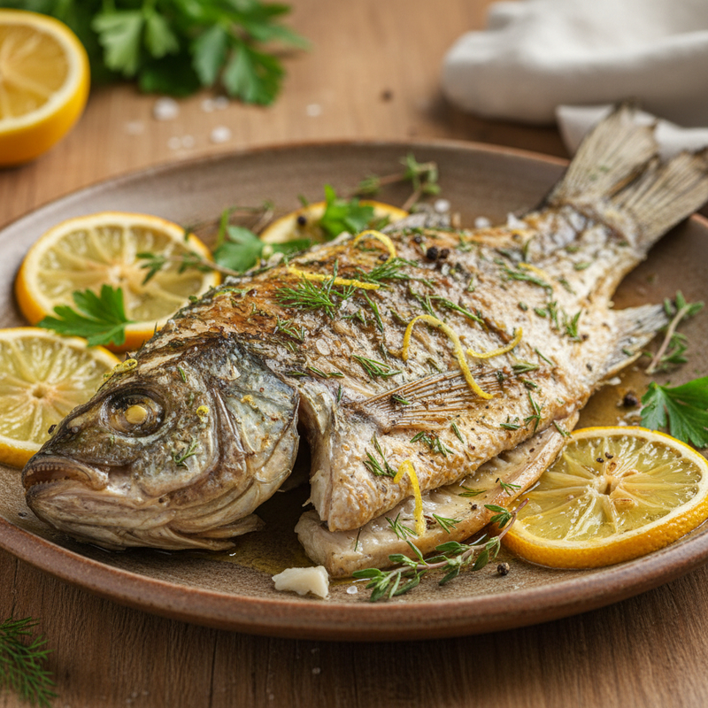 Uma tilápia assada proteica dourada, servida com legumes frescos e ervas, em um prato branco sobre uma mesa de madeira.