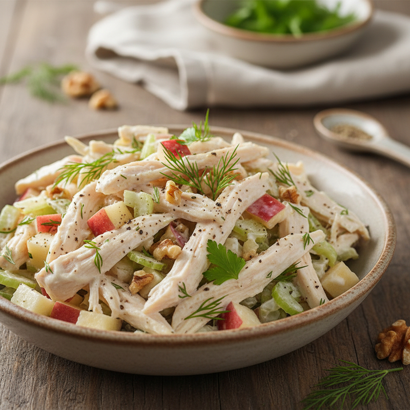 Uma tigela colorida de salada de frango cremosa low fat, com pedaços de frango, vegetais frescos e um molho leve. Ideal para refeições nutritivas e a Salada de Frango Cremosa Low Fat.