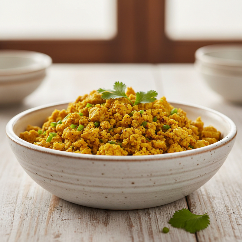 Prato de tofu mexido proteico com cúrcuma e vegetais frescos em uma mesa de café da manhã