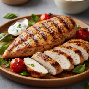 Peito de frango grelhado e fatiado, com ervas frescas e especiarias, acompanhado de vegetais coloridos, destacando o Frango Grelhado Saudável.