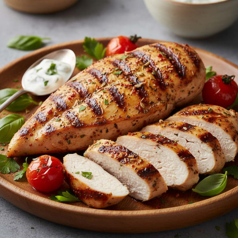 Peito de frango grelhado e fatiado, com ervas frescas e especiarias, acompanhado de vegetais coloridos, destacando o Frango Grelhado Saudável.