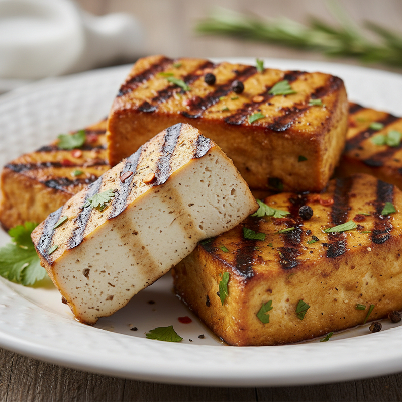 Tofu Grelhado Marinado em uma chapa, com temperos frescos e limão, realçando seu aspecto dourado e delicioso.