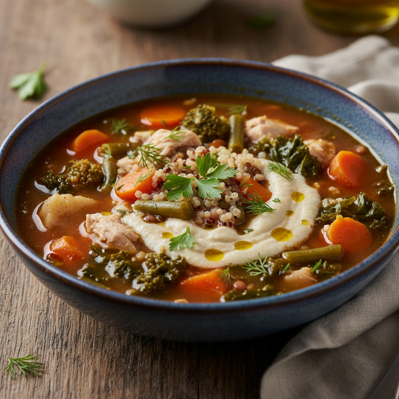 Uma porção de sopa de legumes proteica em uma tigela branca, destacando os vegetais frescos e a proteína, ideal para a recuperação muscular e um dia ativo.