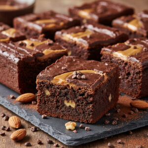 Foto de um delicioso brownie proteico fit com pedaços de chocolate e nozes, pronto para ser saboreado.