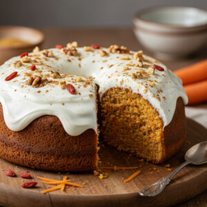 Foto de um bolo de cenoura proteico fatiado, revelando a umidade e a cor vibrante da cenoura, em uma mesa rústica.