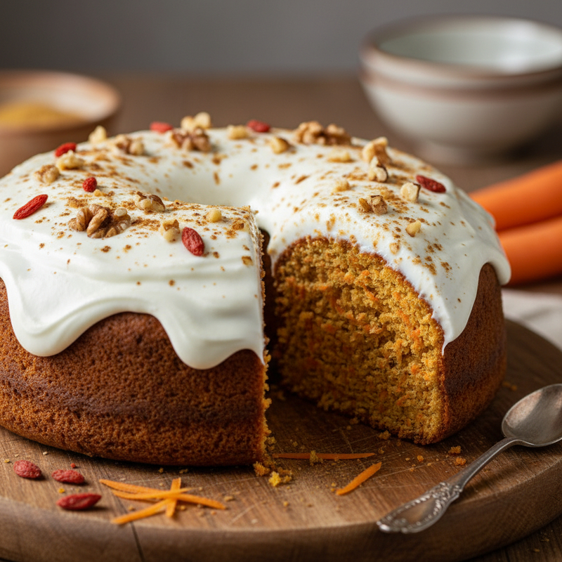 Foto de um bolo de cenoura proteico fatiado, revelando a umidade e a cor vibrante da cenoura, em uma mesa rústica.
