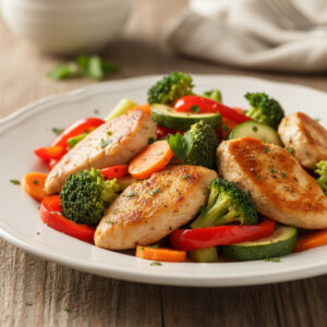 Frango com Legumes Salteados em uma frigideira, colorido e fresco, ideal para uma refeição pós-treino nutritiva.