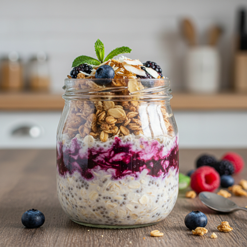 Overnight oats proteico em um copo de vidro com frutas vermelhas frescas, ideal para a recuperação muscular e energia.