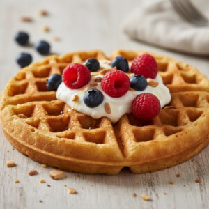 Waffle proteico fit dourado, com frutas vermelhas frescas e mel por cima, pronto para ser saboreado.