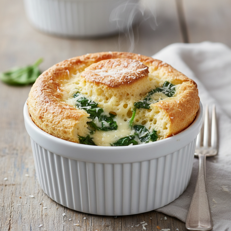 Suflê de Queijo Proteico com espinafre, recém-saído do forno, dourado e com textura aerada em ramequin branco. Ideal para uma refeição saudável.