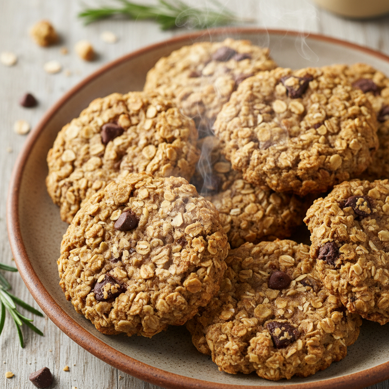 Cookies de aveia e banana proteicos recém-assados em uma grade, com pedaços de banana e aveia visíveis.