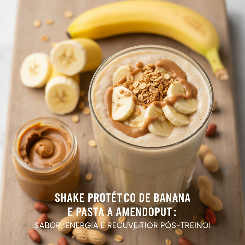 Copo de shake proteico de banana e pasta de amendoim cremoso, com fatias de banana e um canudo. Uma ótima receita shake proteico banana e amendoim para energia e recuperação.