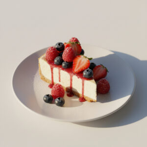 Cheesecake proteico fit de frutas vermelhas em porção individual, com cobertura brilhante e frutas frescas. Uma deliciosa receita cheesecake proteico fit.