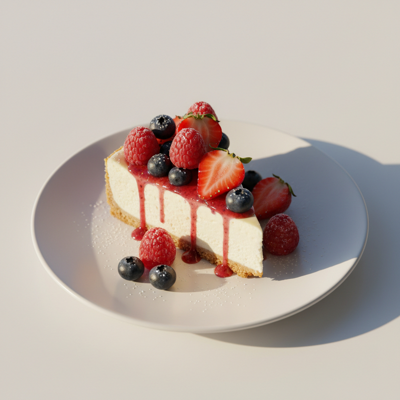 Cheesecake proteico fit de frutas vermelhas em porção individual, com cobertura brilhante e frutas frescas. Uma deliciosa receita cheesecake proteico fit.