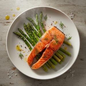 Salmão Assado Proteico com aspargos frescos e limão, pronto para ser servido.