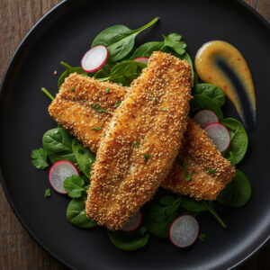 Filés de tilápia crocante com gergelim em um prato branco, guarnecidos com limão e salsinha.