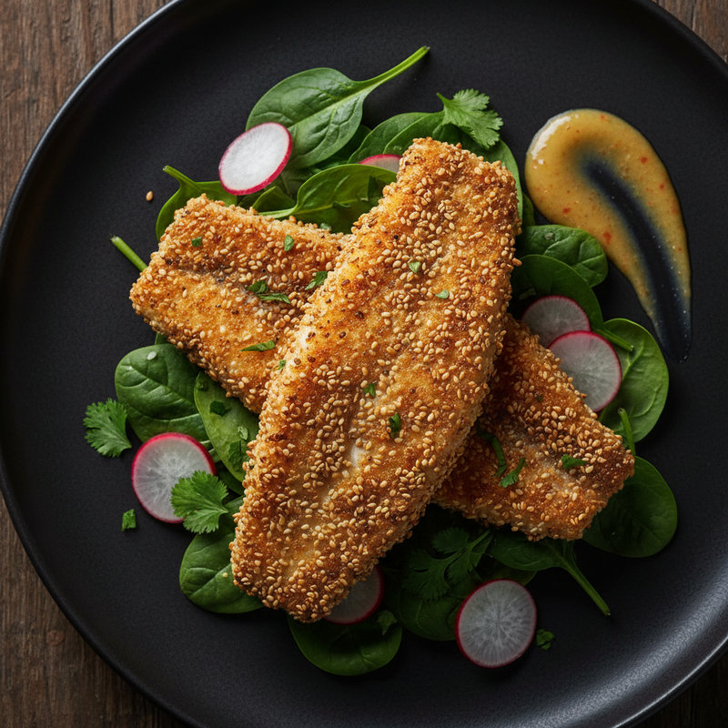 Filés de tilápia crocante com gergelim em um prato branco, guarnecidos com limão e salsinha.