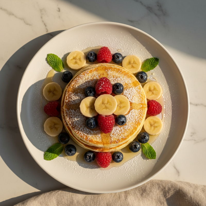 Panqueca de claras proteica dourada com frutas vermelhas e calda em um prato branco, café da manhã saudável.
